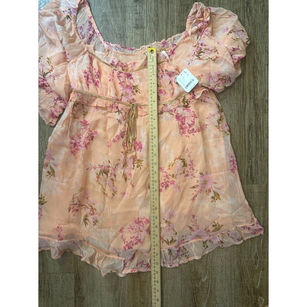 Free People Floral Peasant Puff Sleeve Mini Dress Peach Combo NWT Size M - Picture 5 of 10